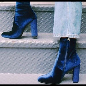 velvet blue heeled booties